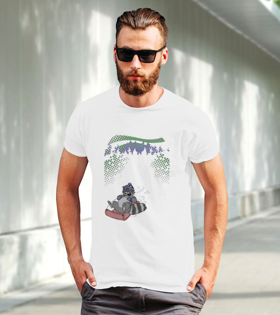 Raccoon Sledding In Winter Forest Scene With Evergreen Trees And Snowflakes T-Shirt