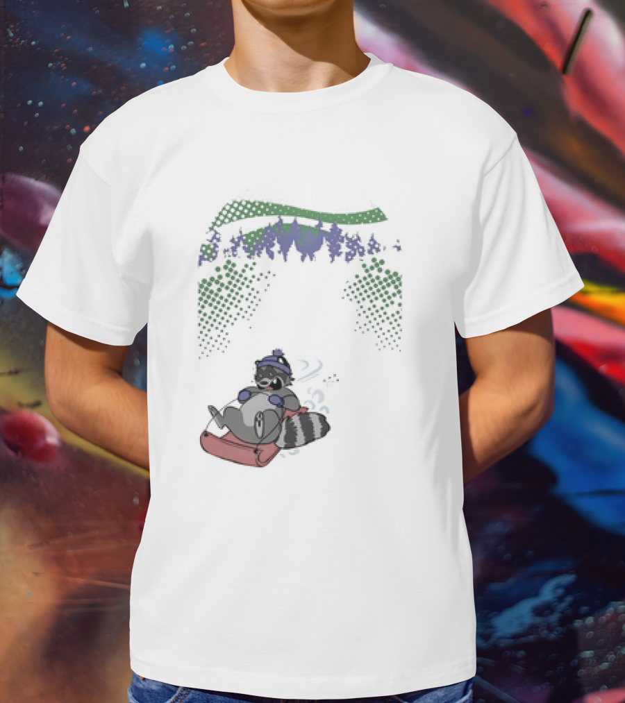 Raccoon Sledding In Winter Forest Scene With Evergreen Trees And Snowflakes T-Shirt