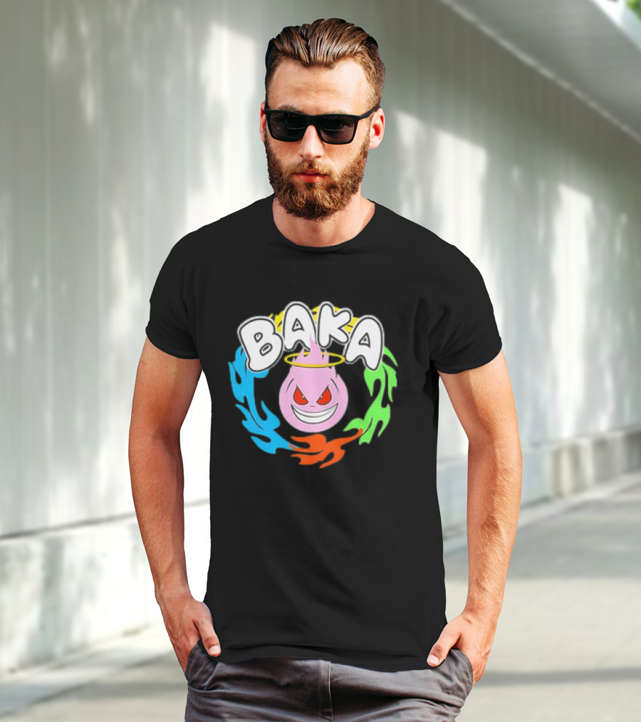 Baka Cartoon Flame With Mischievous Expression Surrounded By Colorful Fire Halo T-Shirt