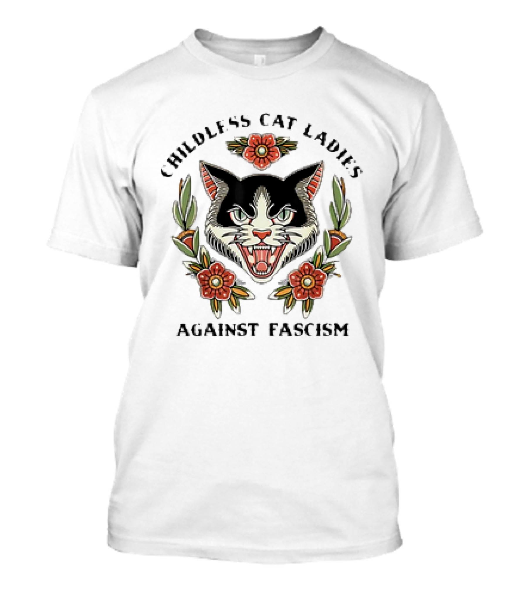 Childless Cat Ladies Against Fascism Fierce Cat Floral Emblem T-Shirt