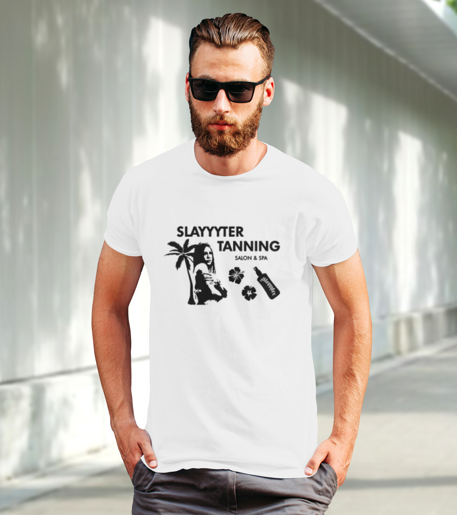 Slayyyter Tanning Salon And Spa Palm Flowers And Lotion Bottle T-Shirt