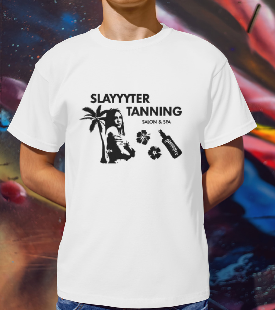 Slayyyter Tanning Salon And Spa Palm Flowers And Lotion Bottle T-Shirt