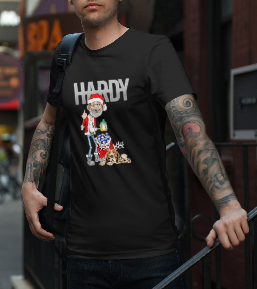 Hardy Jim Bob Holiday Christmas Santa With Beer And Reindeer Dog T-Shirt