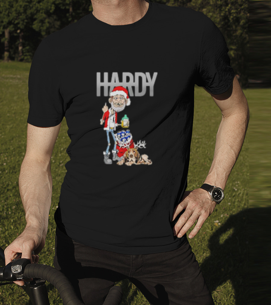 Hardy Jim Bob Holiday Christmas Santa With Beer And Reindeer Dog T-Shirt