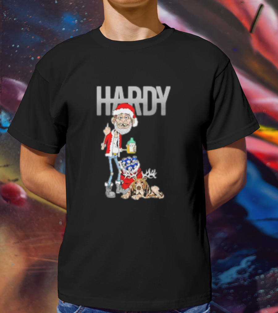 Hardy Jim Bob Holiday Christmas Santa With Beer And Reindeer Dog T-Shirt
