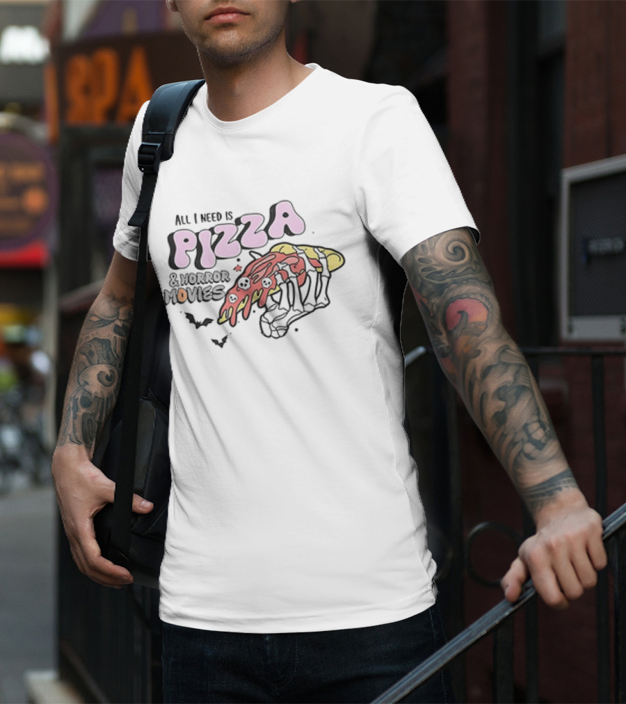 All I Need Is Pizza And Horror Movies Skeleton Hand With Bats And Skulls T-Shirt