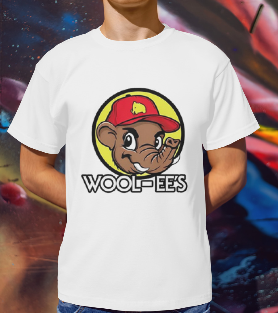 Wool-Ee’s Woolly Mammoth Cartoon Character In Red Cap With Yellow Background T-Shirt