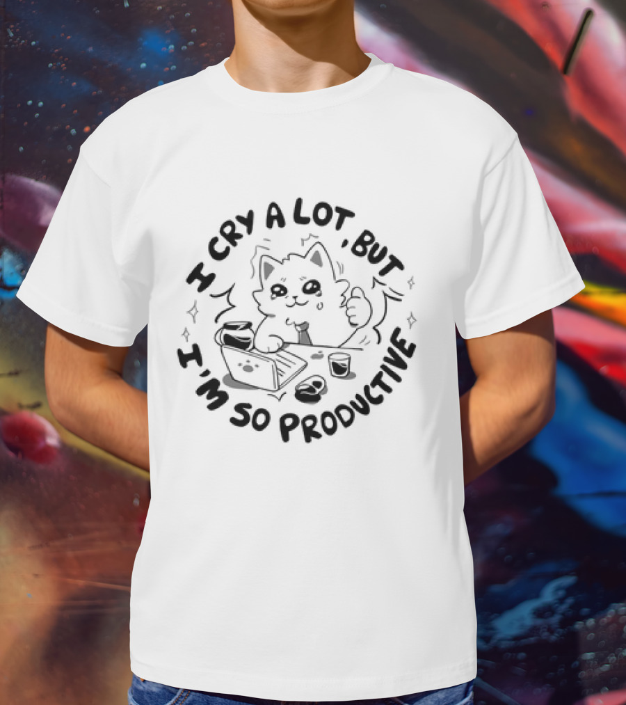 I Cry A Lot But I'm So Productive Cat Laptop Coffee Thumbs Up T-Shirt