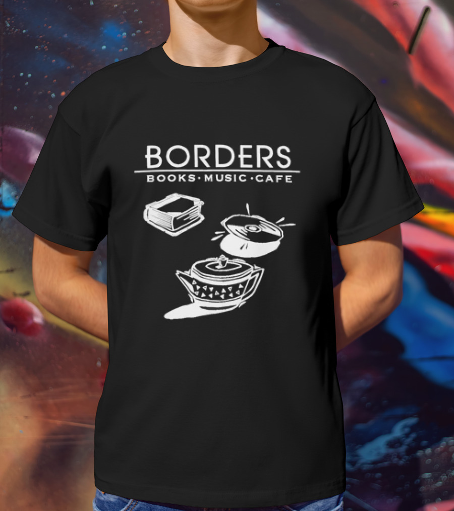 Borders Books Music Cafe Logo With Book, CD, And Teapot T-Shirt