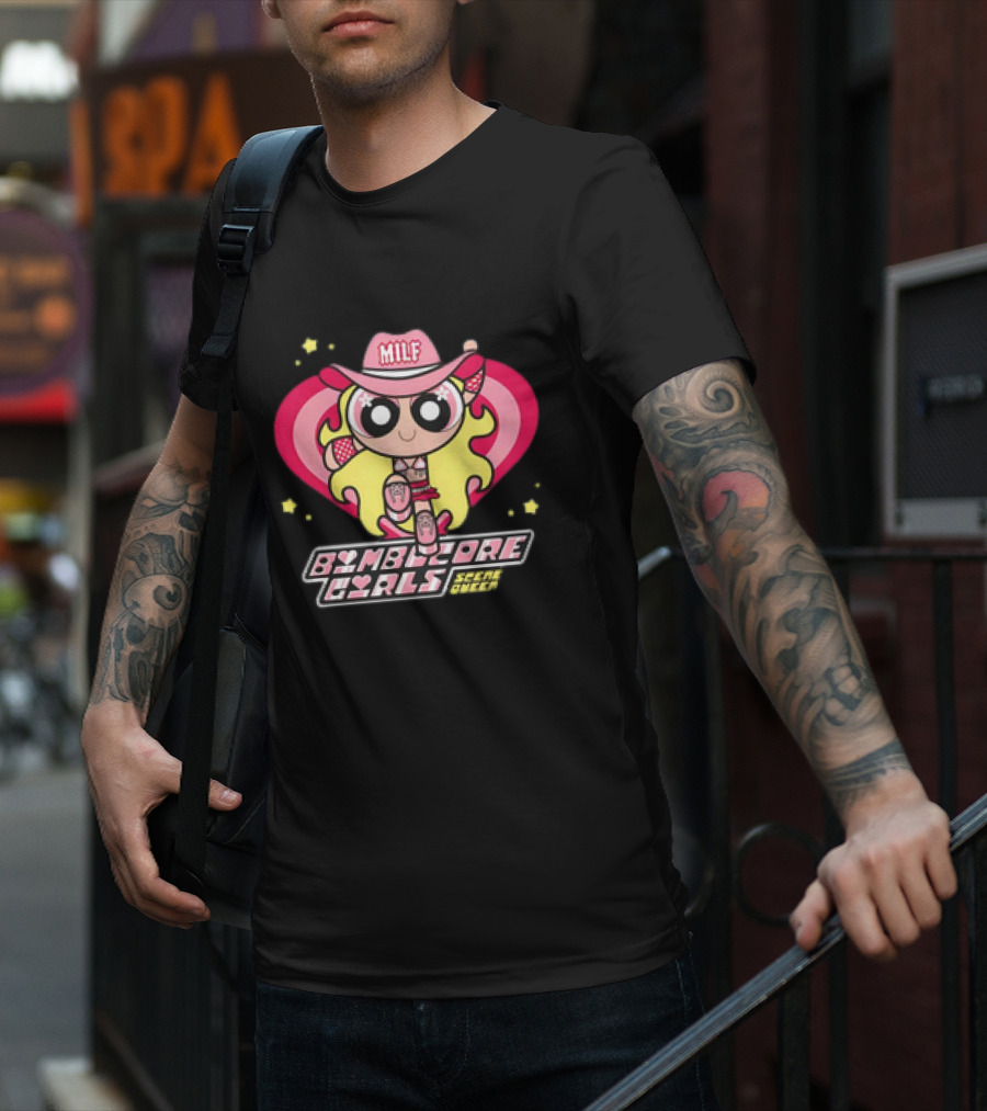 Bimbocore Girls Scene Queen Powerpuff MILF Cowboy Hat Pink Heart Flame T-Shirt