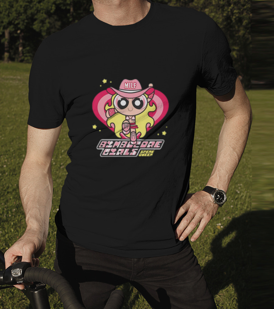 Bimbocore Girls Scene Queen Powerpuff MILF Cowboy Hat Pink Heart Flame T-Shirt