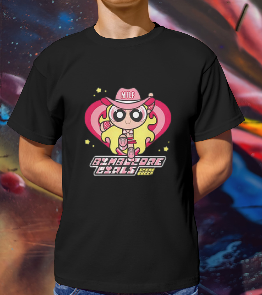 Bimbocore Girls Scene Queen Powerpuff MILF Cowboy Hat Pink Heart Flame T-Shirt