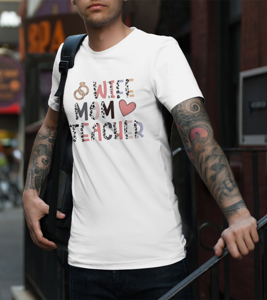 Wife Mom Teacher Rings Heart Leopard Print T-Shirt