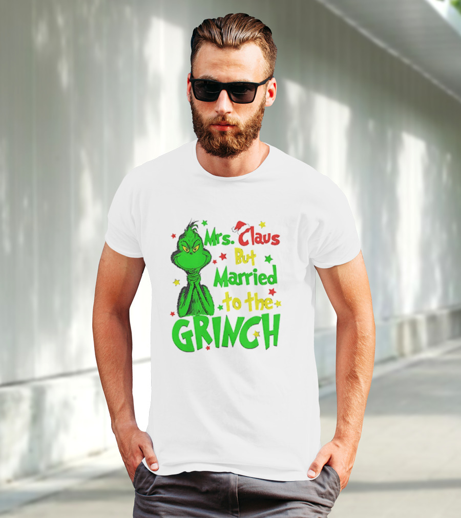 Mrs Claus But Married To The Grinch Green Character With Santa Hat And Stars T-Shirt