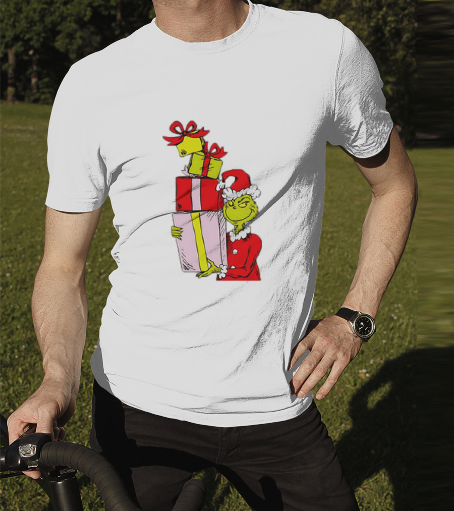 Grinch With Stacked Christmas Gifts Santa T-Shirt
