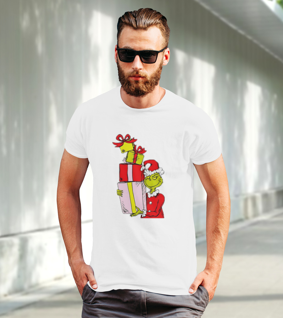 Grinch With Stacked Christmas Gifts Santa T-Shirt