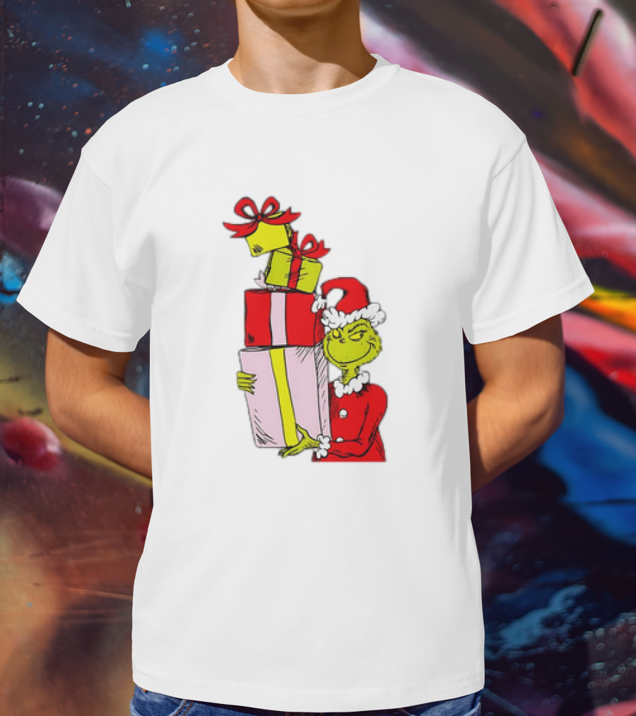 Grinch With Stacked Christmas Gifts Santa T-Shirt