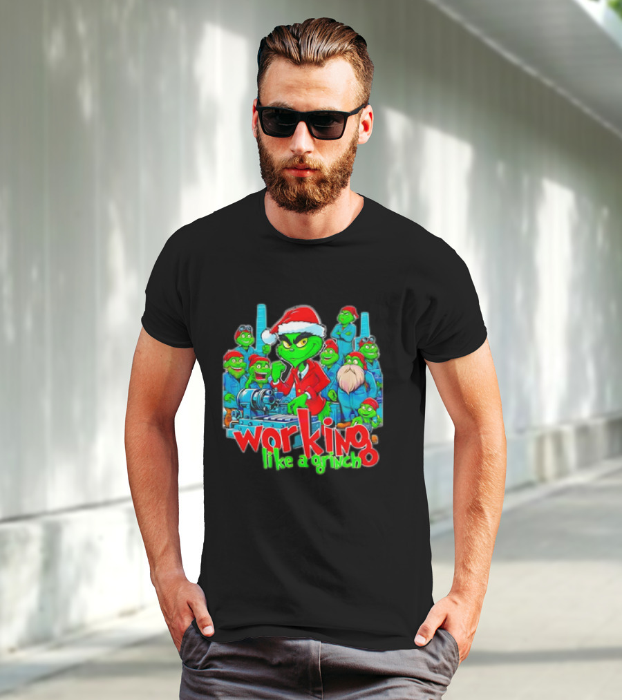 Working Like A Grinch Christmas Mechanic Santa Hat Crew T-Shirt