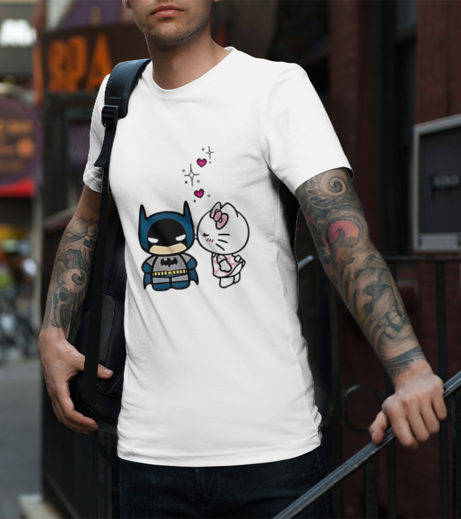 Hello Kitty Kissing Batman With Hearts And Sparkles T-Shirt