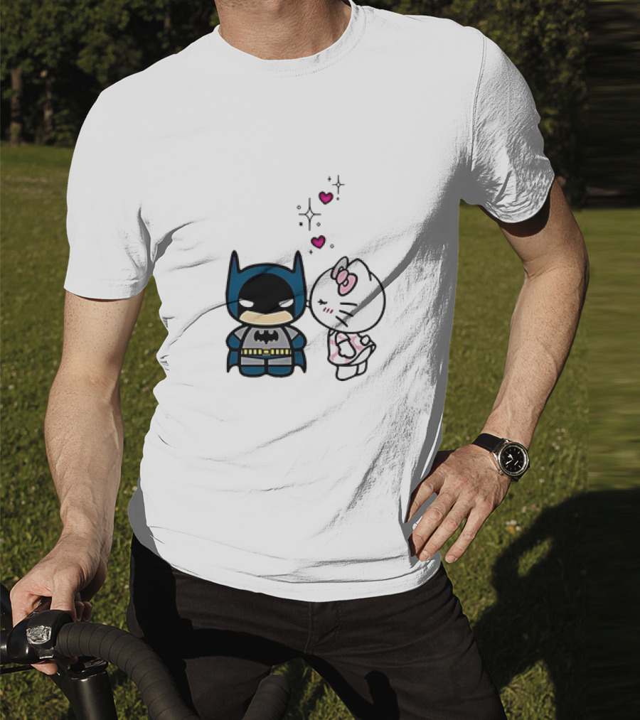 Hello Kitty Kissing Batman With Hearts And Sparkles T-Shirt