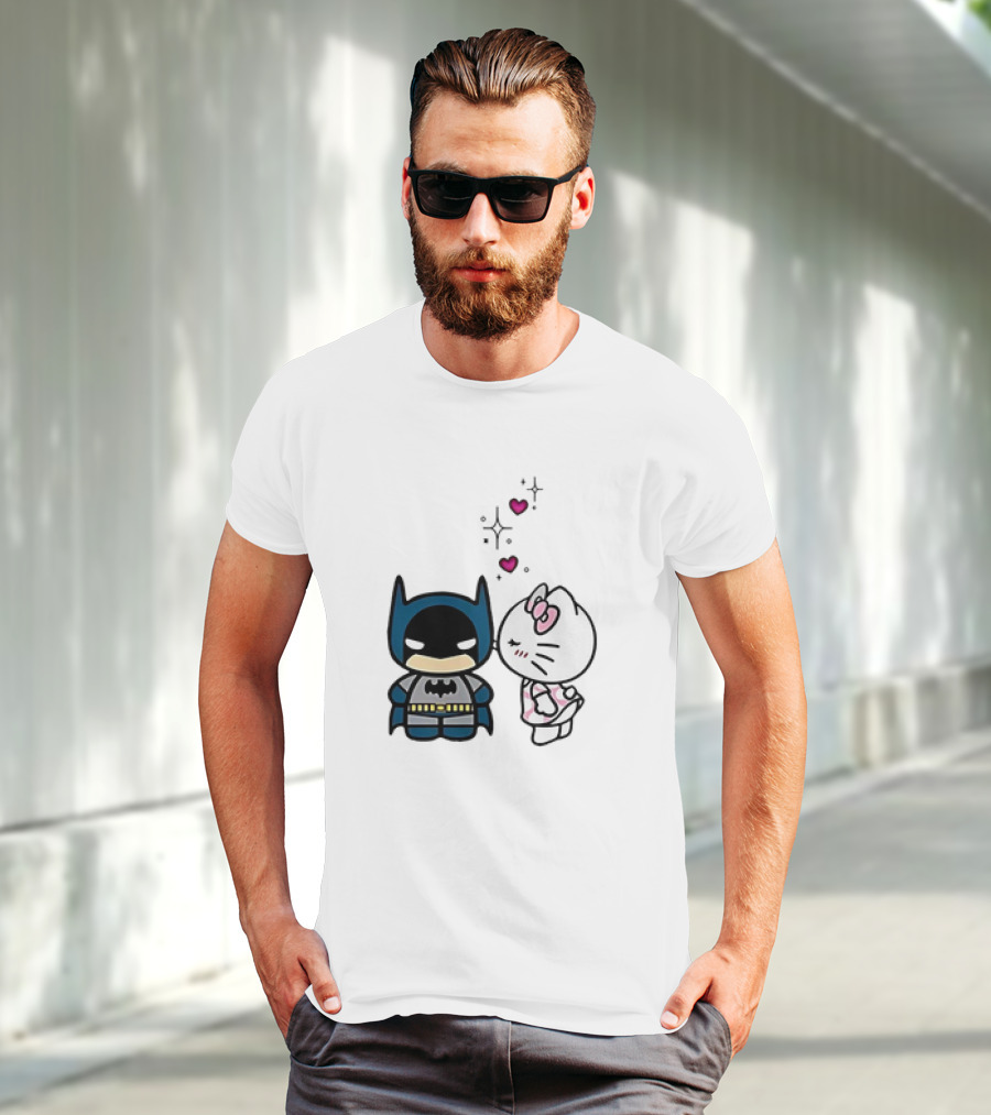 Hello Kitty Kissing Batman With Hearts And Sparkles T-Shirt