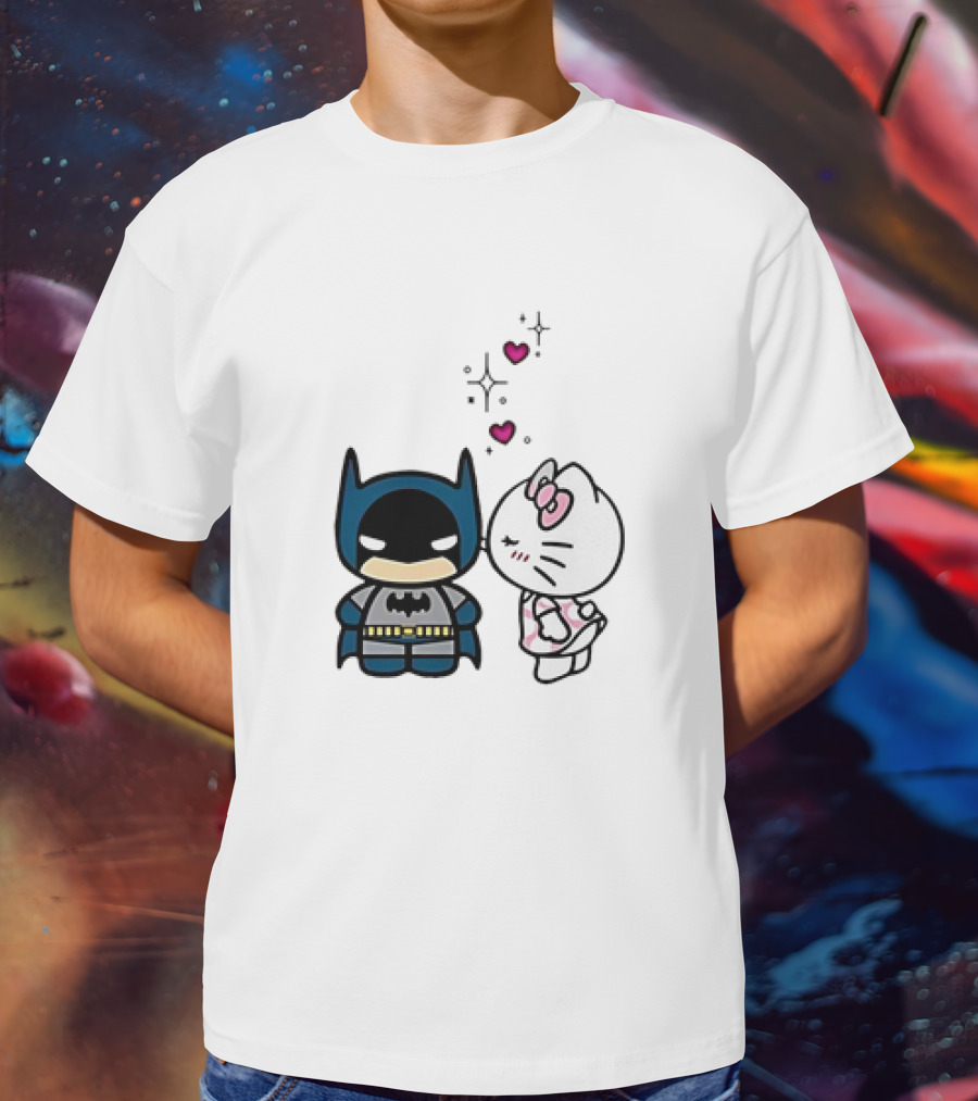 Hello Kitty Kissing Batman With Hearts And Sparkles T-Shirt