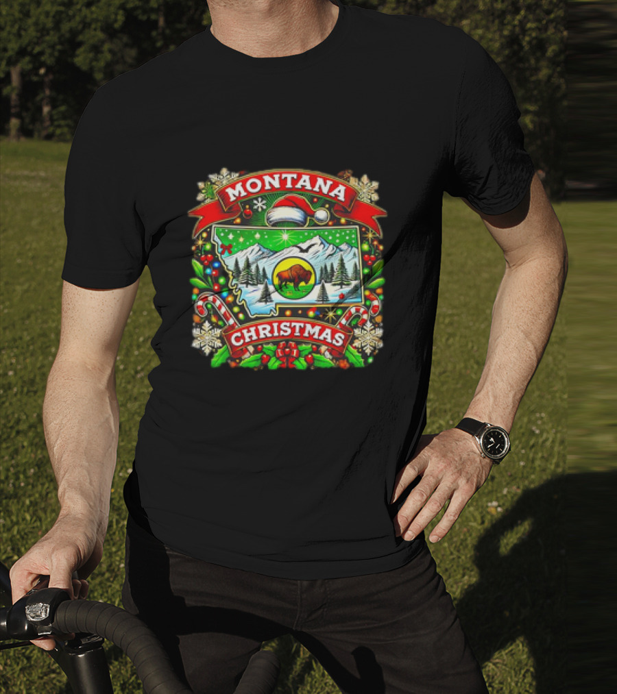 Montana Christmas Snowy Mountains And Buffalo Holiday Festive T-Shirt