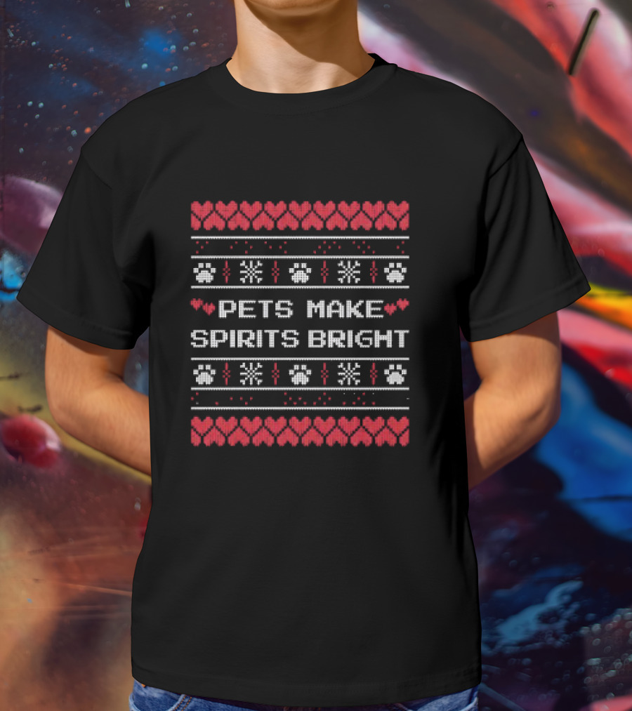 Pets Make Spirits Bright Christmas Ugly Sweater Paw Print Heart Snowflake T-Shirt