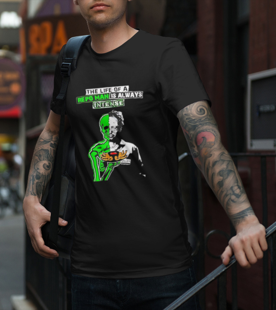 The Life Of A Repo Man Is Always Intense Skull Duality Neon Green Skeleton Black Hat Grim Reaper Delivery Pizza Box Killer T-Shirt