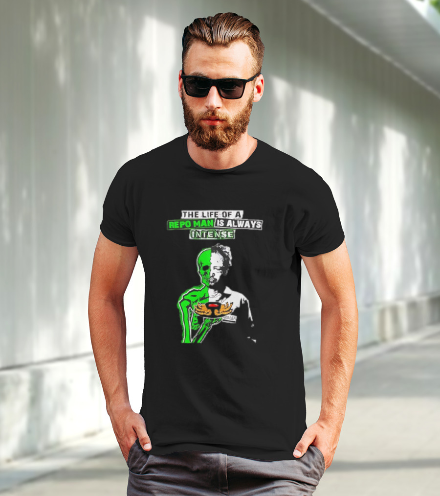 The Life Of A Repo Man Is Always Intense Skull Duality Neon Green Skeleton Black Hat Grim Reaper Delivery Pizza Box Killer T-Shirt
