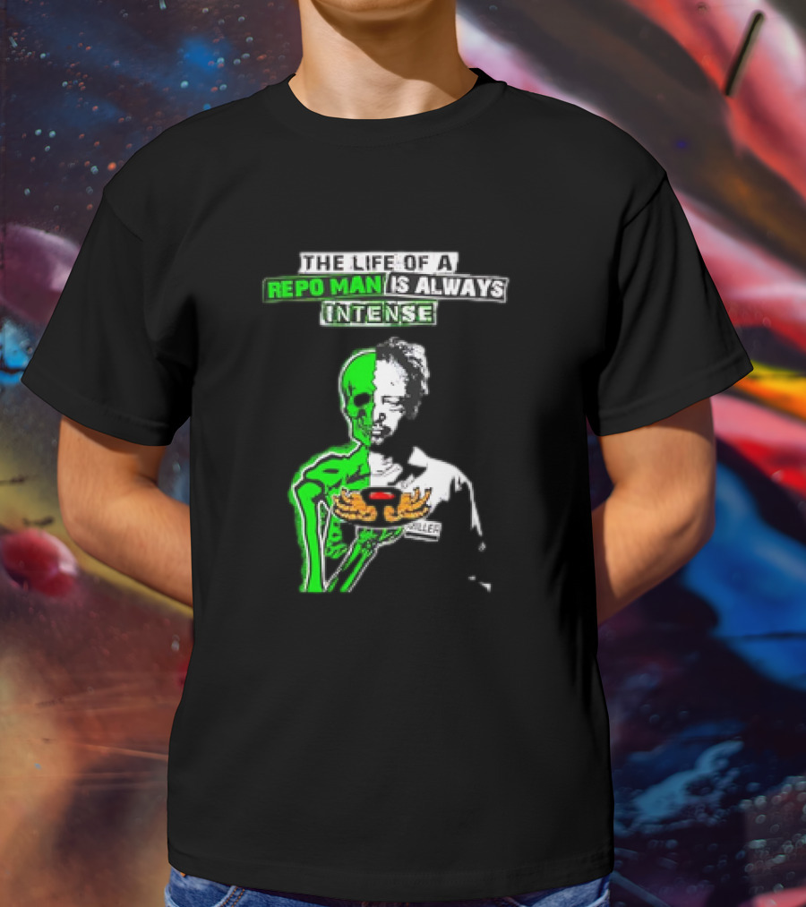 The Life Of A Repo Man Is Always Intense Skull Duality Neon Green Skeleton Black Hat Grim Reaper Delivery Pizza Box Killer T-Shirt