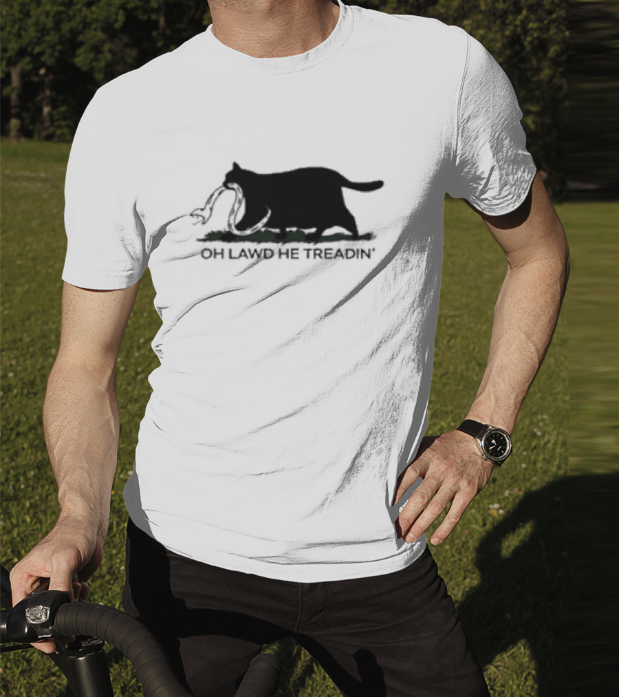 Oh Lawd He Treadin' Cat Silhouette Biting Snake T-Shirt