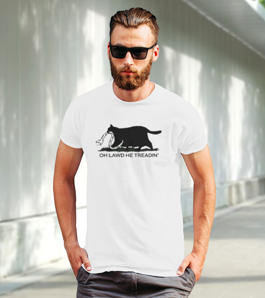 Oh Lawd He Treadin' Cat Silhouette Biting Snake T-Shirt