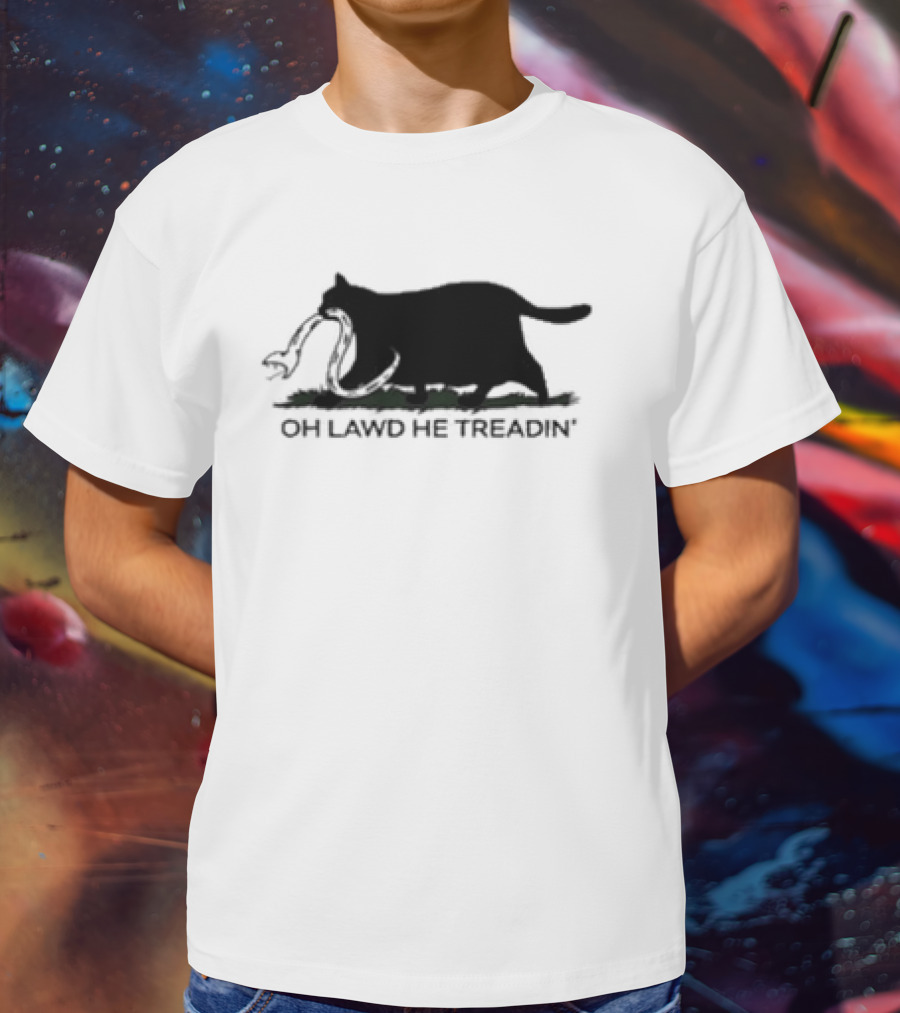 Oh Lawd He Treadin' Cat Silhouette Biting Snake T-Shirt