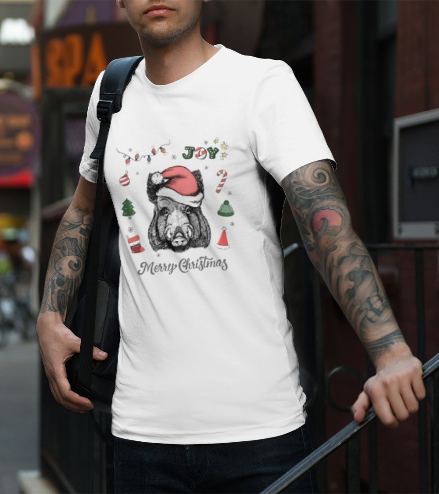 Boar Merry Christmas Joy With Santa Hat And Festive Icons T-Shirt