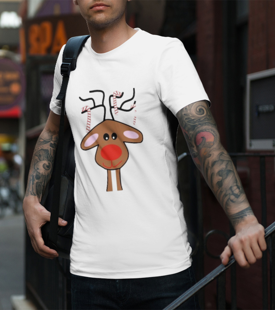 Red Nose Christmas Reindeer With Candy Cane Antlers T-Shirt
