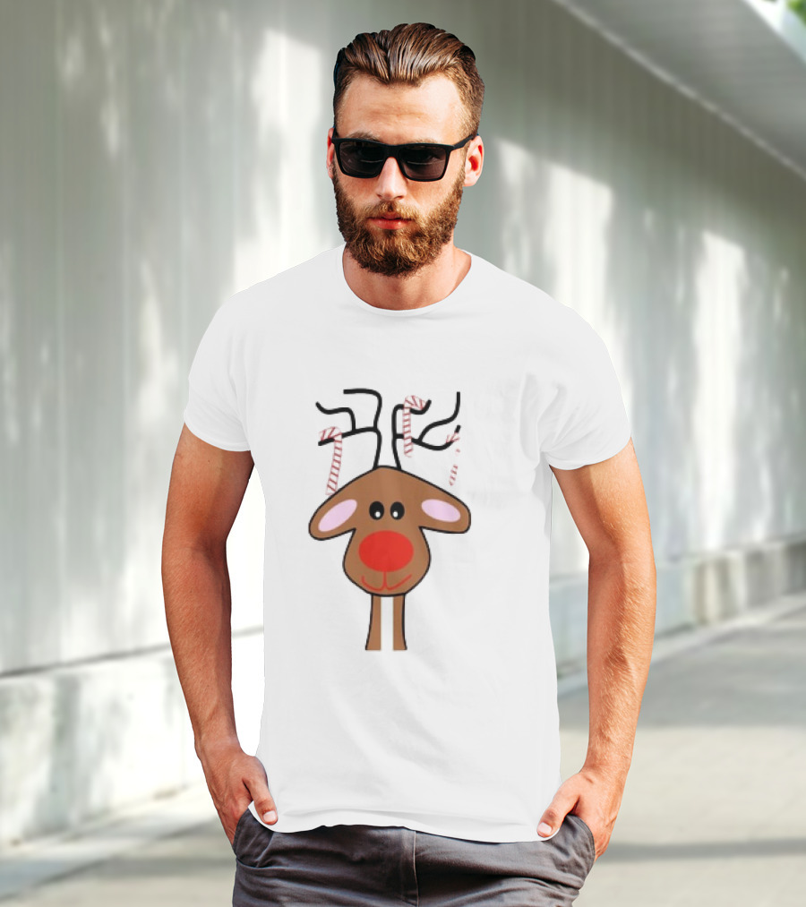 Red Nose Christmas Reindeer With Candy Cane Antlers T-Shirt