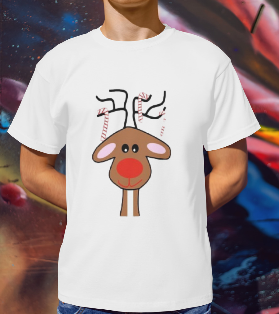 Red Nose Christmas Reindeer With Candy Cane Antlers T-Shirt