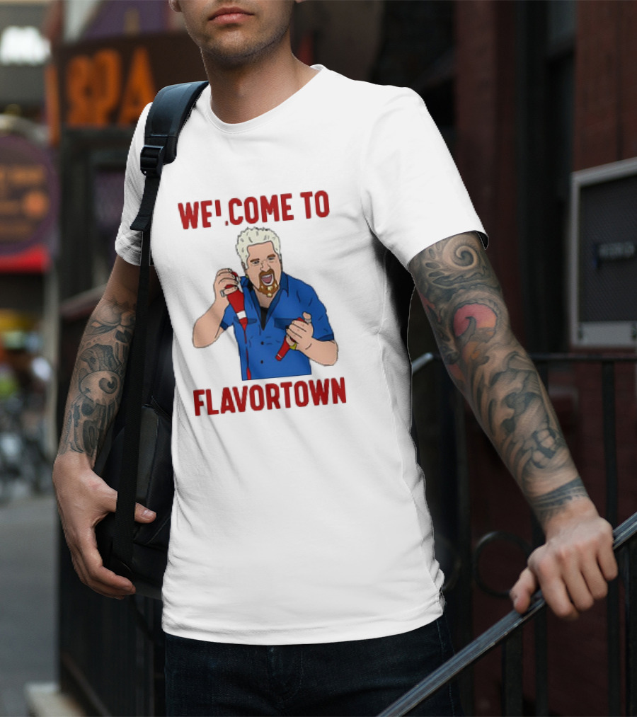 WECOME TO FLAVORTOWN Flavortown Guy Character Cartoon Blue Shirt Red Bottles T-Shirt