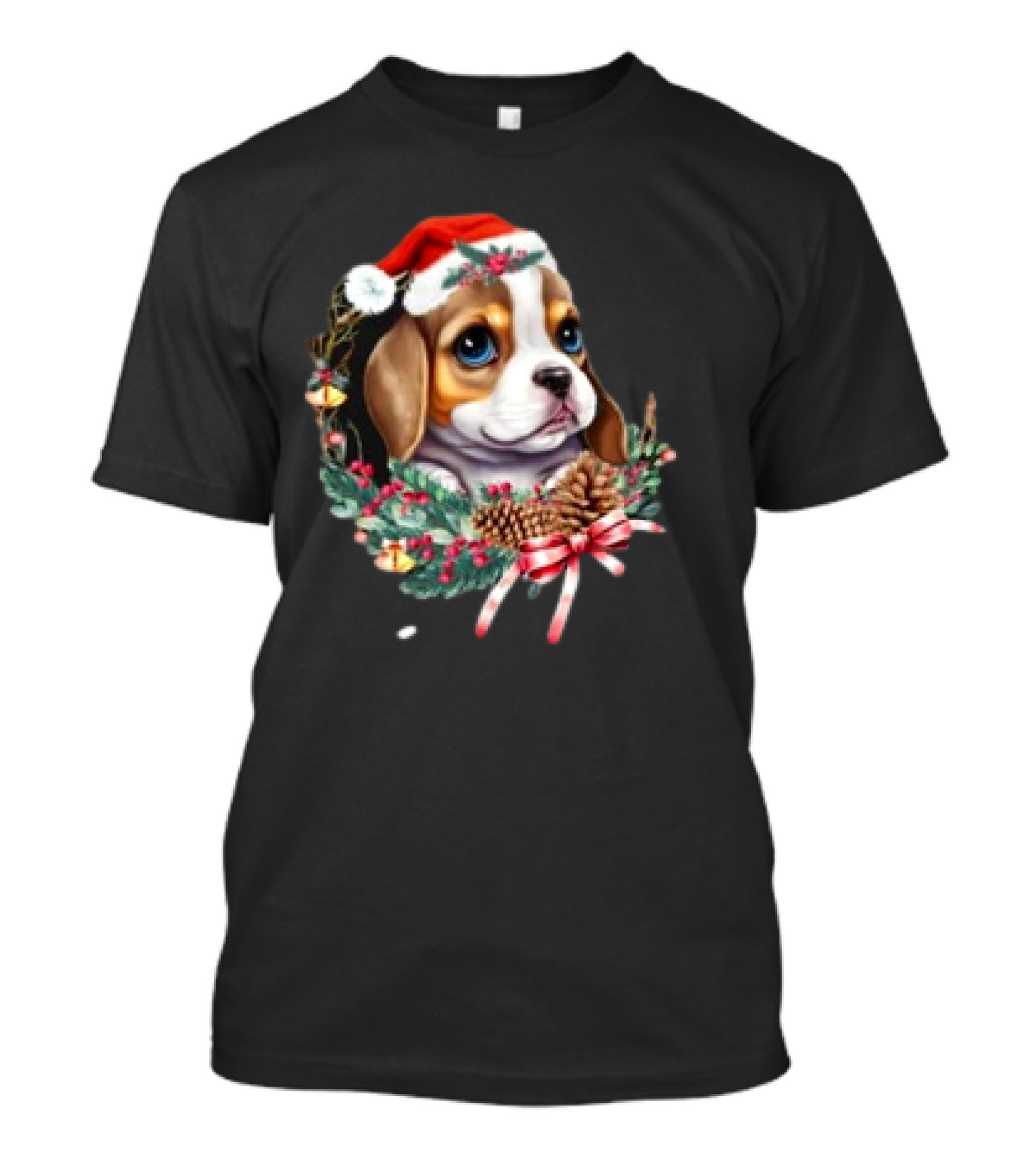 Christmas Beagle With Santa Hat And Holiday Wreath T-Shirt