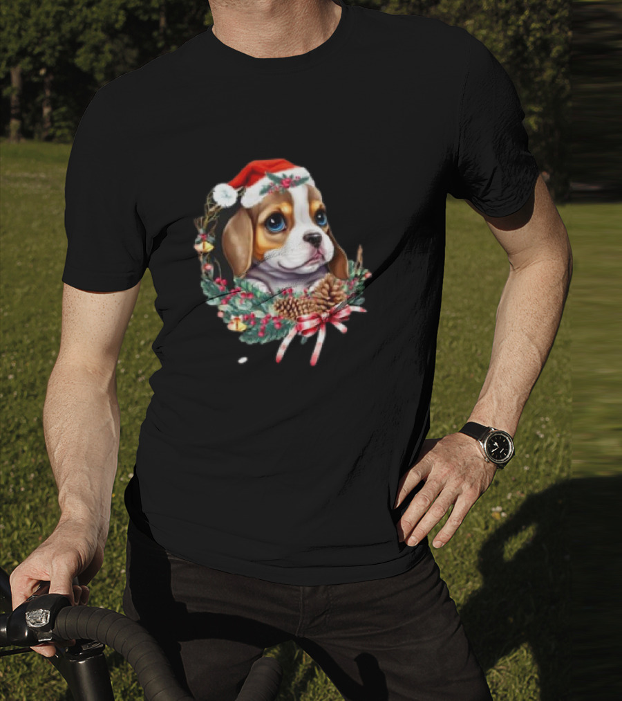 Christmas Beagle With Santa Hat And Holiday Wreath T-Shirt
