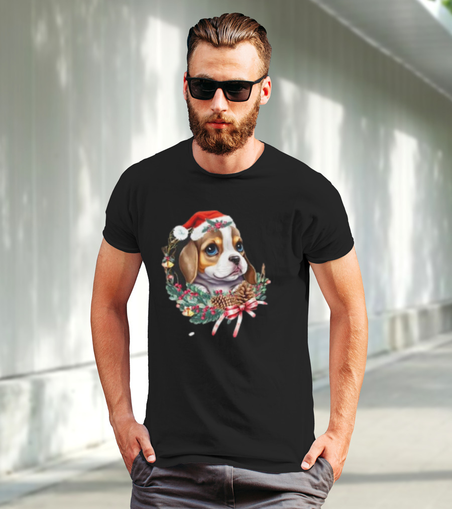 Christmas Beagle With Santa Hat And Holiday Wreath T-Shirt