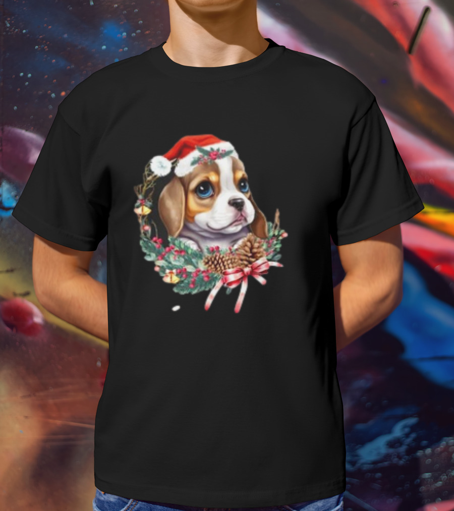 Christmas Beagle With Santa Hat And Holiday Wreath T-Shirt