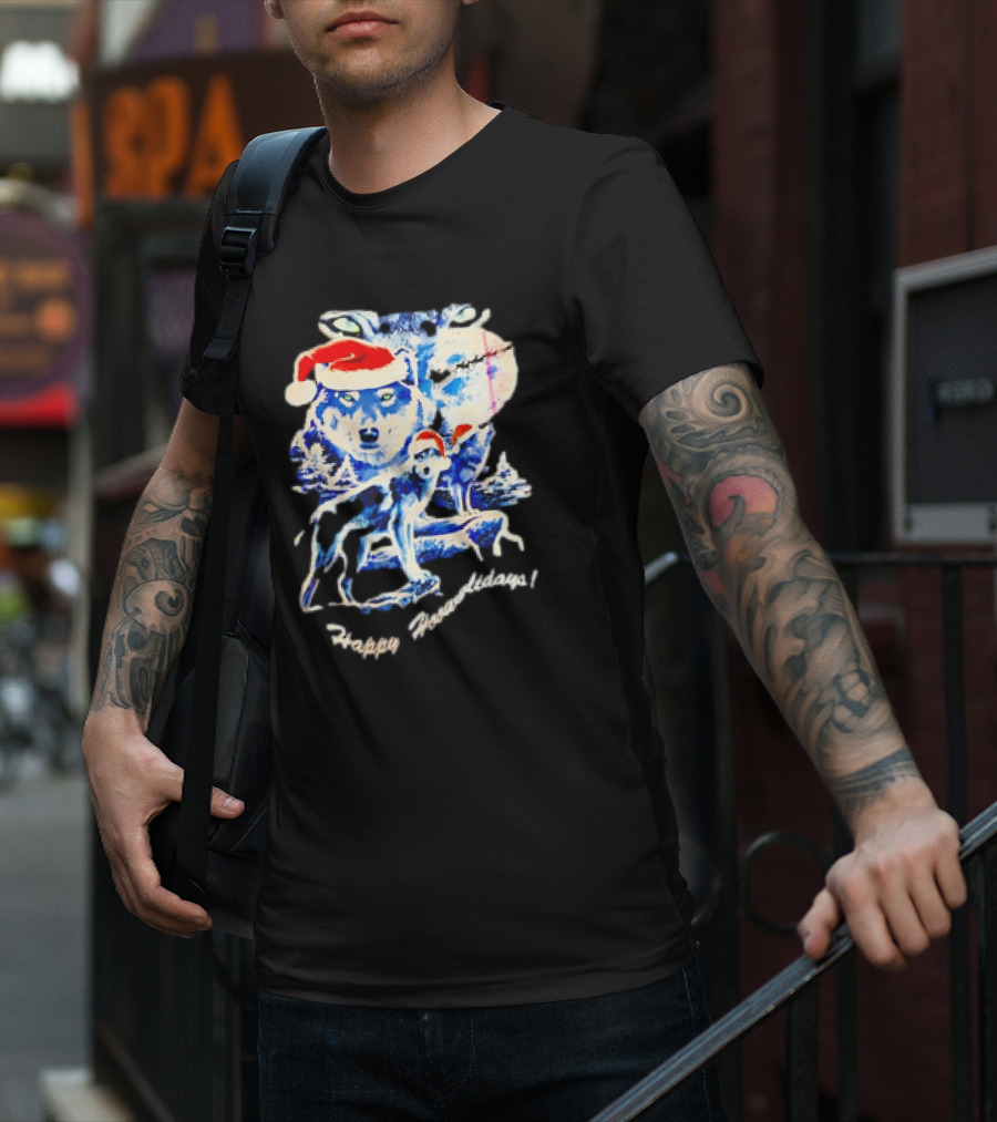 Happy Howlidays Wolves Santa Hats Christmas T-Shirt