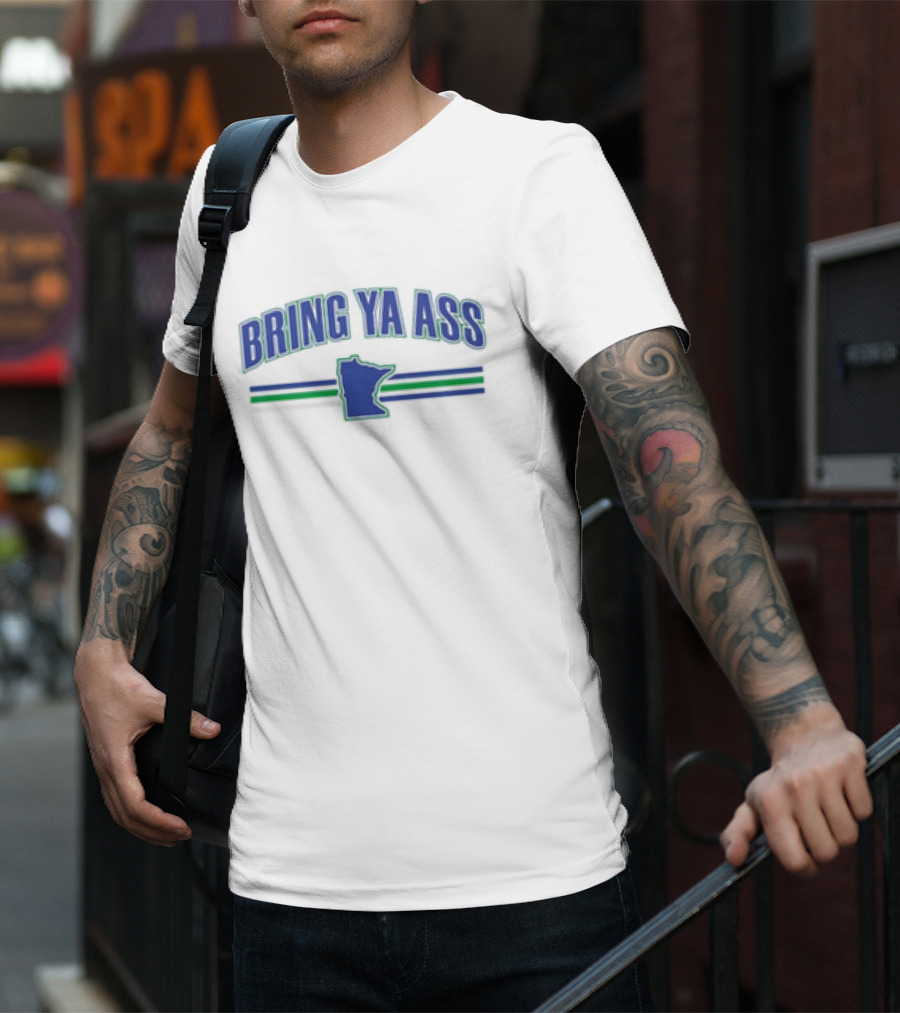 Bring Ya Ass Team Minnesota Outline Хоккейный поиск – Green Blue Stripes T-Shirt