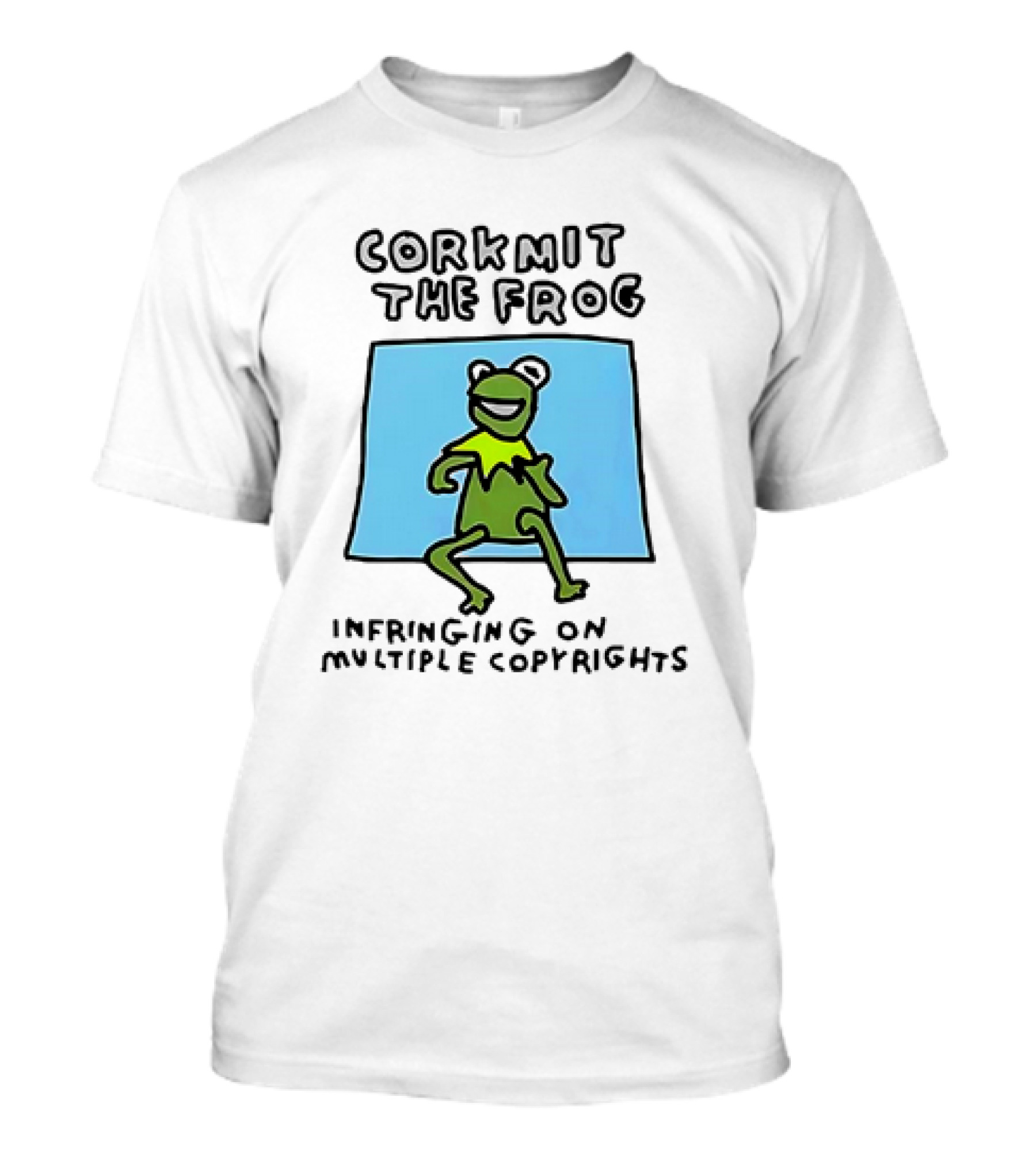 Corkmit The Frog Infringing On Multiple Copyrights Green Frog Cartoon With Blue Background T-Shirt
