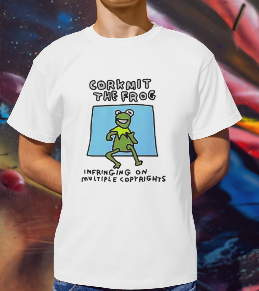 Corkmit The Frog Infringing On Multiple Copyrights Green Frog Cartoon With Blue Background T-Shirt