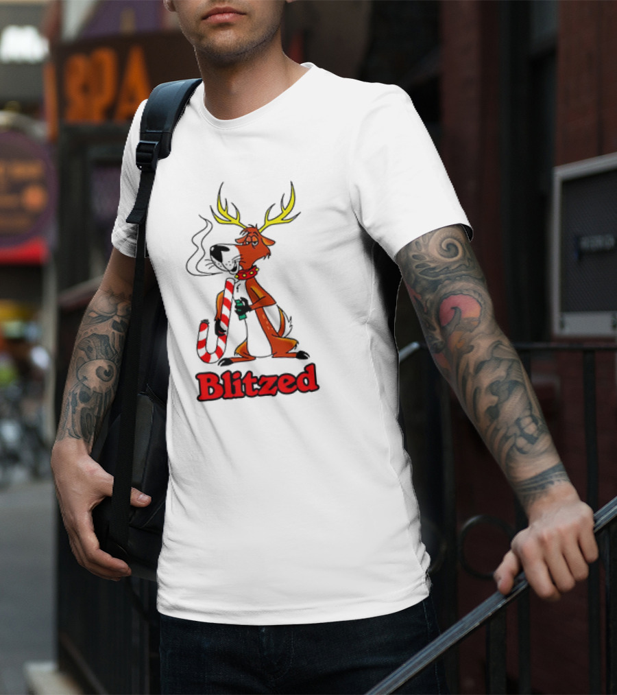 Blitzed Reindeer With Candy Cane And Holiday Cheer T-Shirt