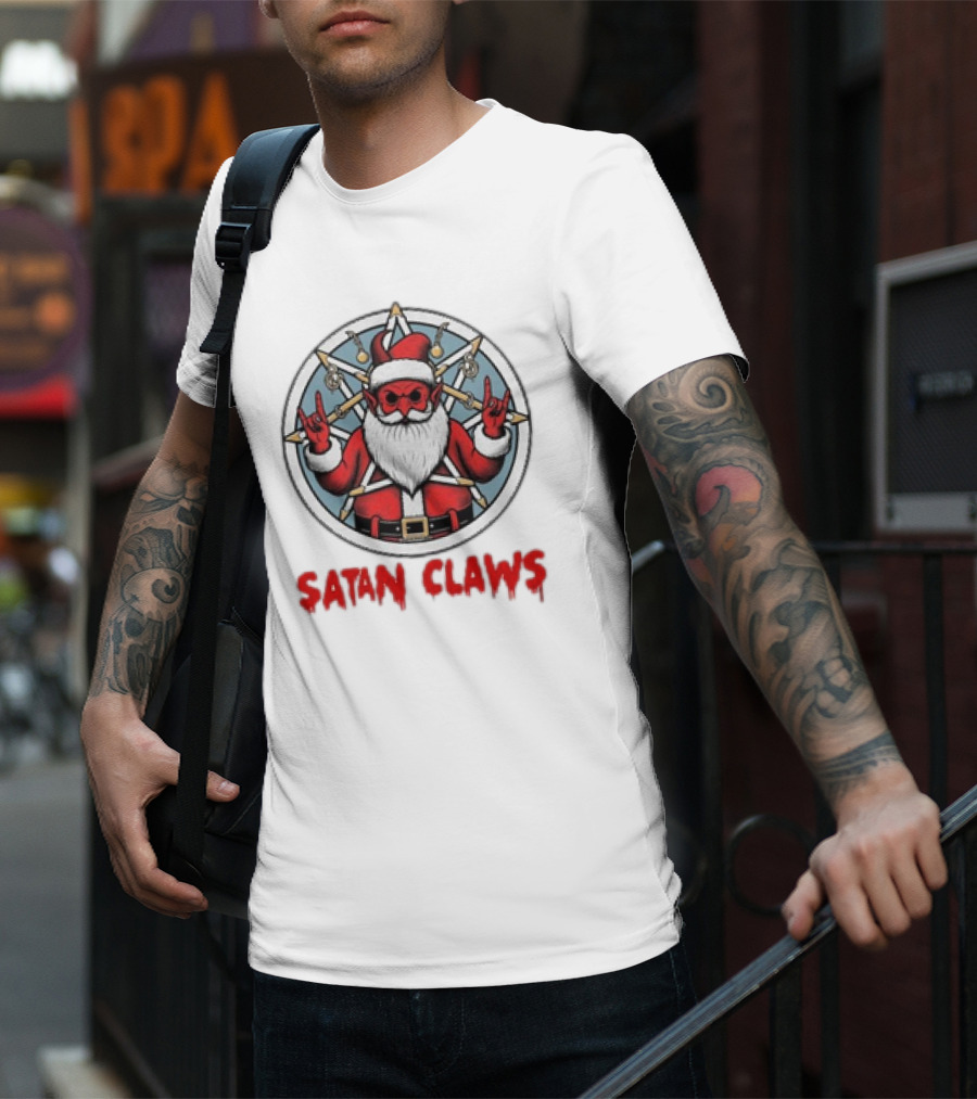 Satan Claws Christmas Pentagram Santa Rock Gesture T-Shirt