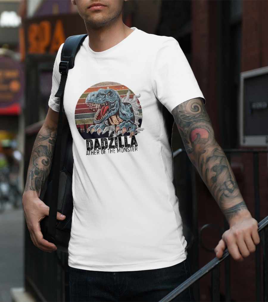 Dadzilla Ather Of The Monster Vintage Dinosaur Retro Stripes T-Shirt